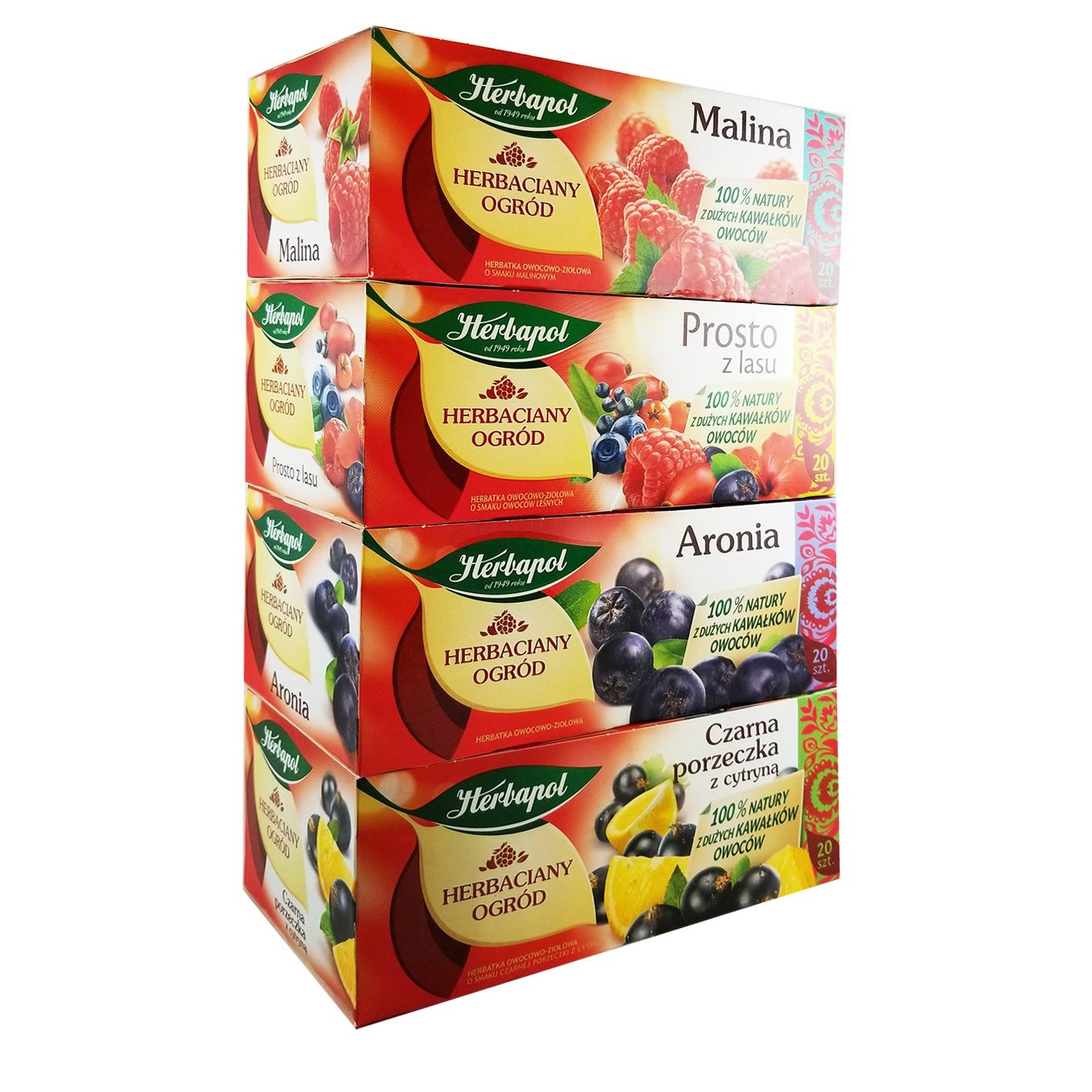 Herbapol Herbal Fruit Infused Tea (Variety Pack) Raspberry, Forest Fruit, Black Currant with Lemon & Aronia Tea Natural Flavor - 20 Silk Tea Bags Each