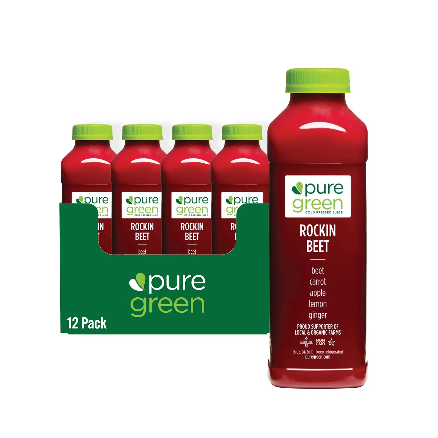 Pure Green Cold Pressed Juice - Rockin Beet - Fresh Functional Blend with Beet, Carrot, Apple, Lemon, Ginger - Natural, Gluten Free, Non-GMO, No