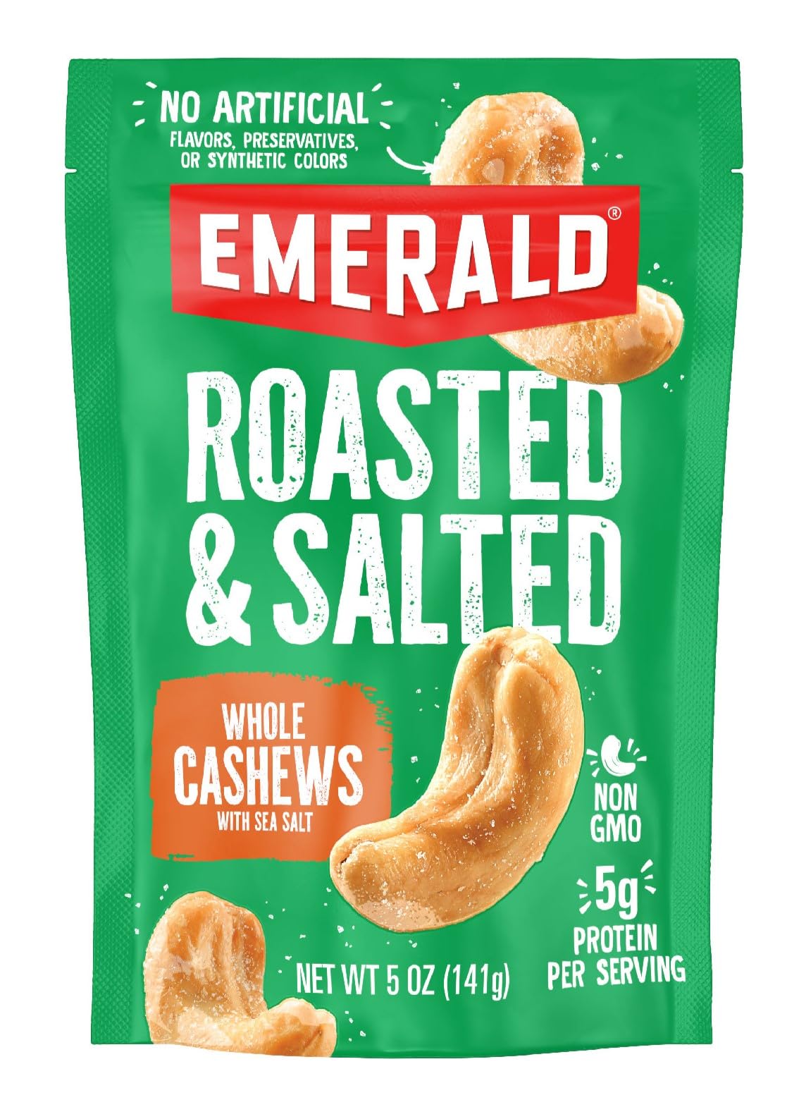 Emerald Nuts Roasted and Salted Whole Cashews (1-Pack), 5oz Resealable Bag, Plant-Based Protein, Kosher Certified, Non-GMO, Contains No Artificial