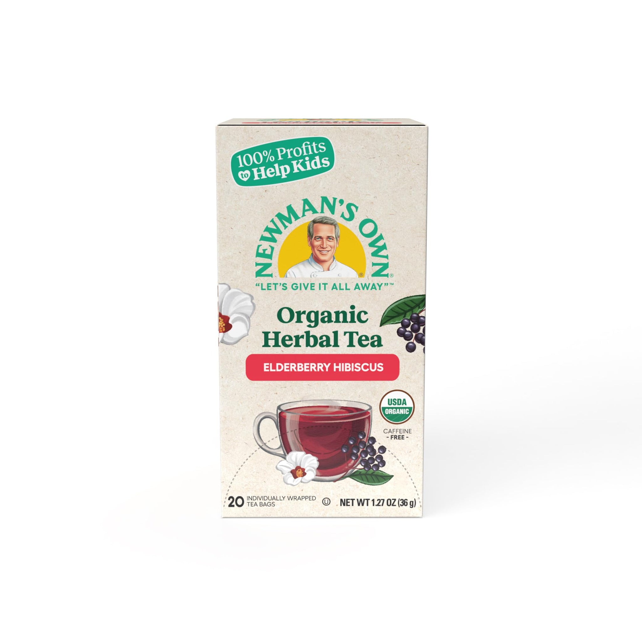 Newman's Own Organic Elderberry Hibiscus Tea Containing Healthy Antioxidants with 20 Individually Wrapped Bags Per Box (Pack of 2) USDA Certified