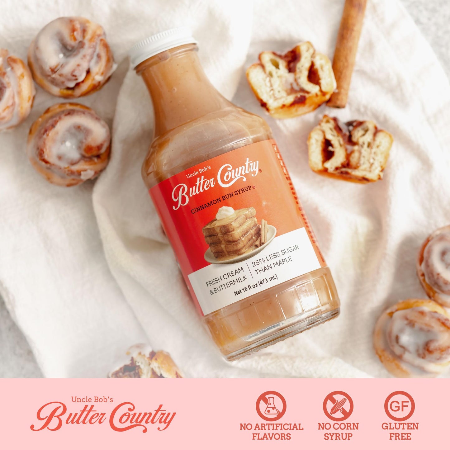 Uncle Bob's Butter Country Rich & Creamy Cinnamon Bun Flavored Buttermilk Syrup for Pancakes, Waffles, French Toast, & More, No Corn Syrup, Gluten