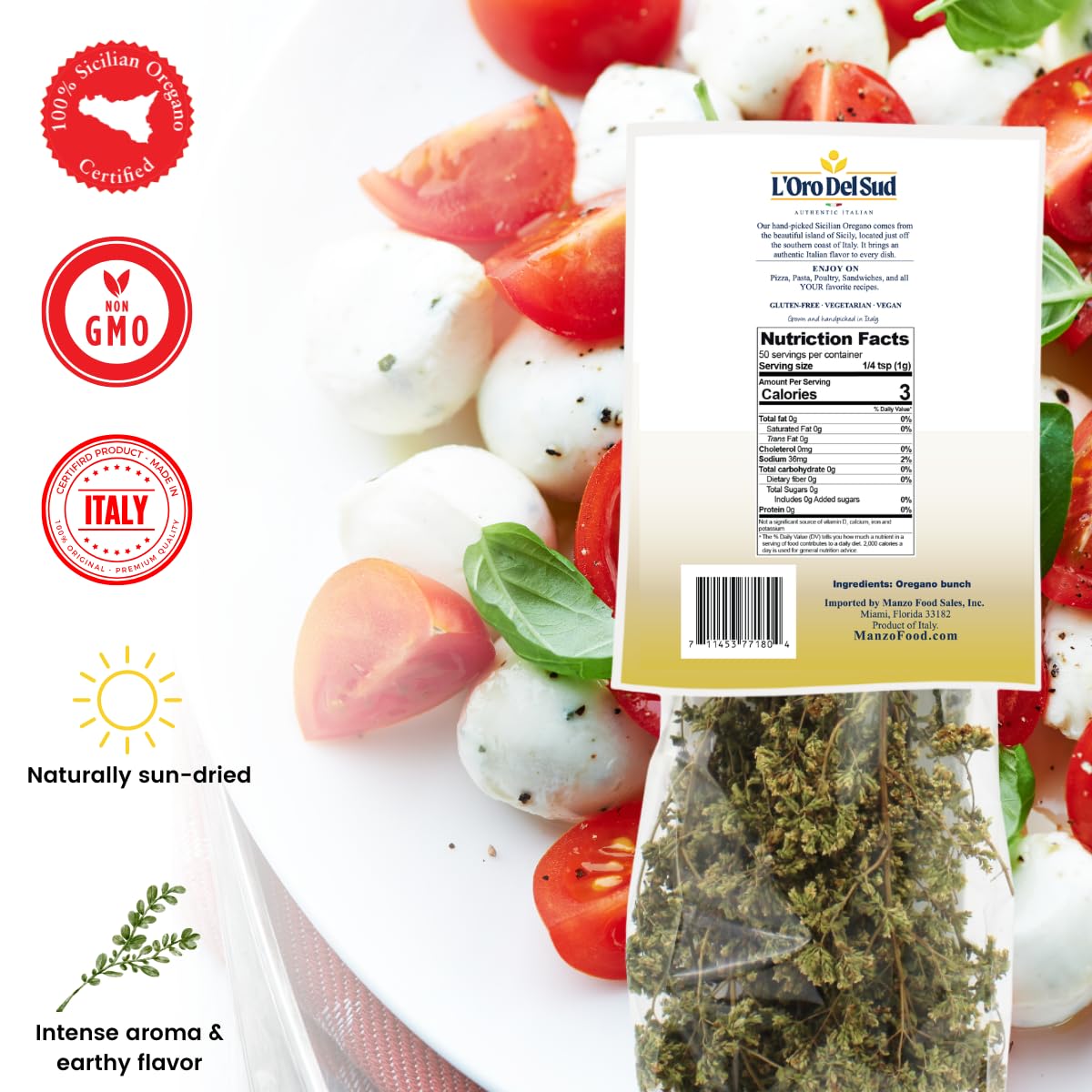 Oregano, Dried Sicilian Oregano on the Stem, Product of Italy, 1.4 oz (40 g), All Natural, Non-GMO, Product of Italy, L'Oro del Sud