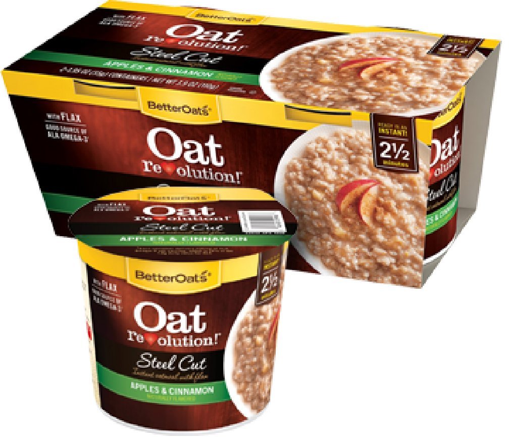 Better Oats Oat Revolution Steel Cut Instant Oatmeal with Flax Cups, Apples & Cinnamon - 3.9 Ounce (Pack of 2)