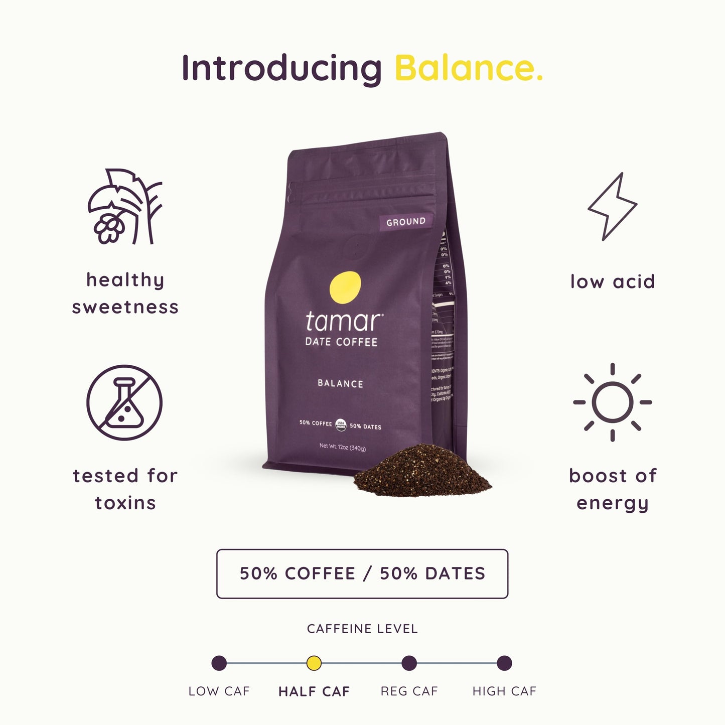 Balance by Tamar Date Coffee | Organic Ground Blend of Coffee & Whole Dates | Low Acid | Less Caffeine | Healthy Sweetness | Boost of Energy | Medium