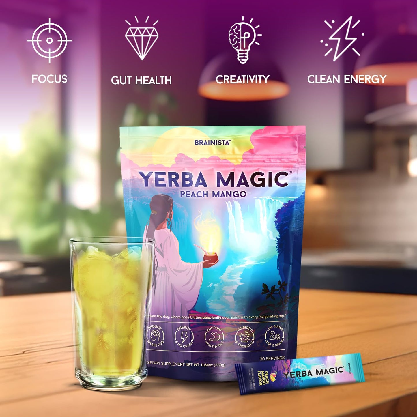 Yerba Mate Tea, Yerba Magic 5 in 1 Stick Packs with Lion's Mane, Prebiotics, Probiotics, L-Theanine, Plant Based Caffeine, Gut Health, Magic Mind