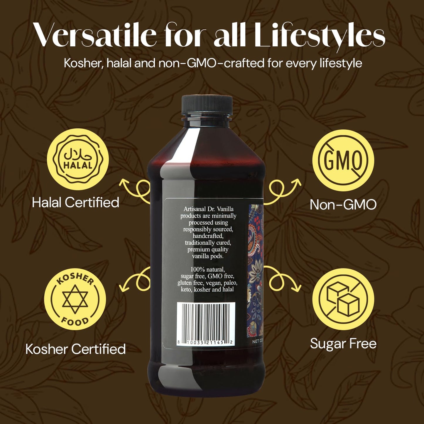 Organic Vanilla Alcohol?Free Flavor, 16 fl oz - Madagascar Bourbon vanilla, 100% natural, sugar?free, GMO?free, gluten?free, vegan, paleo, keto