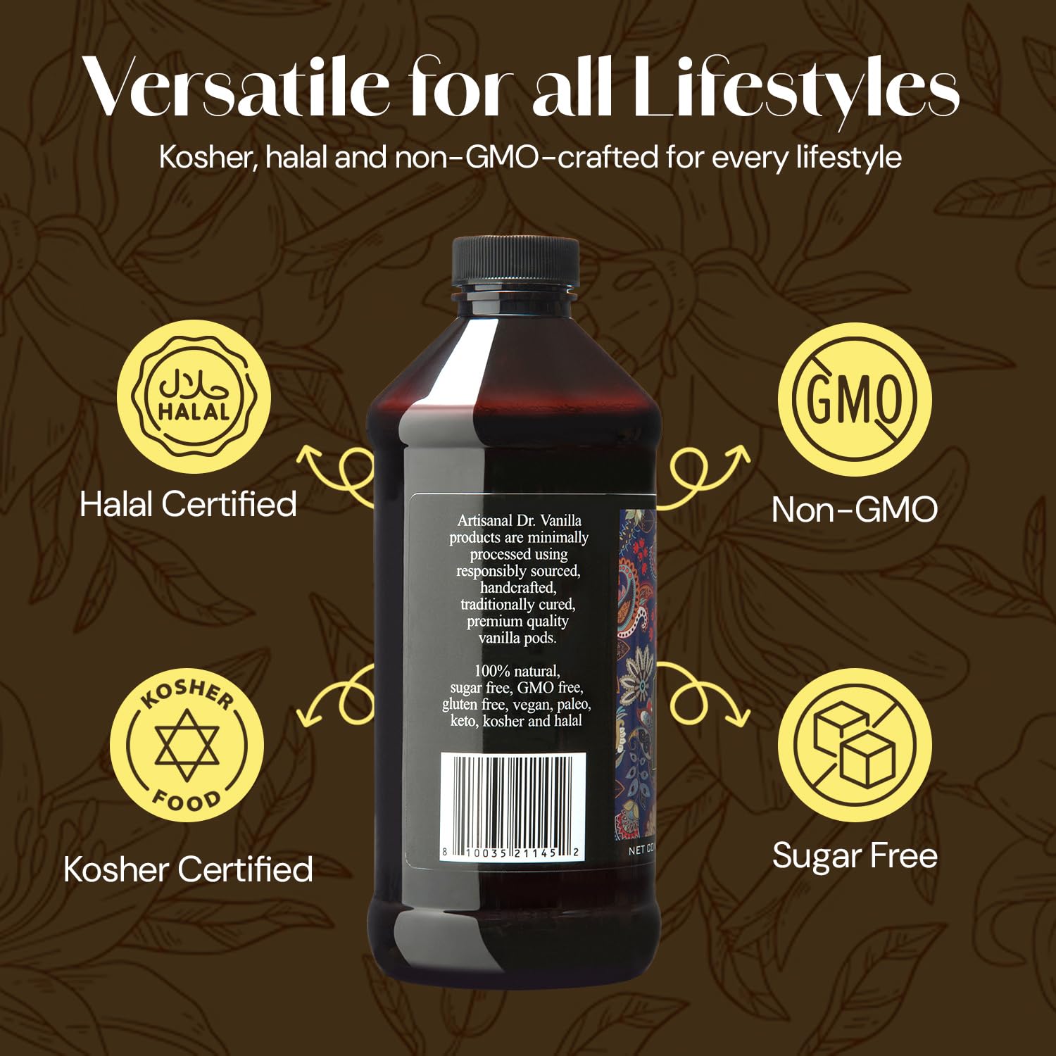 Organic Vanilla Alcohol?Free Flavor, 16 fl oz - Madagascar Bourbon vanilla, 100% natural, sugar?free, GMO?free, gluten?free, vegan, paleo, keto