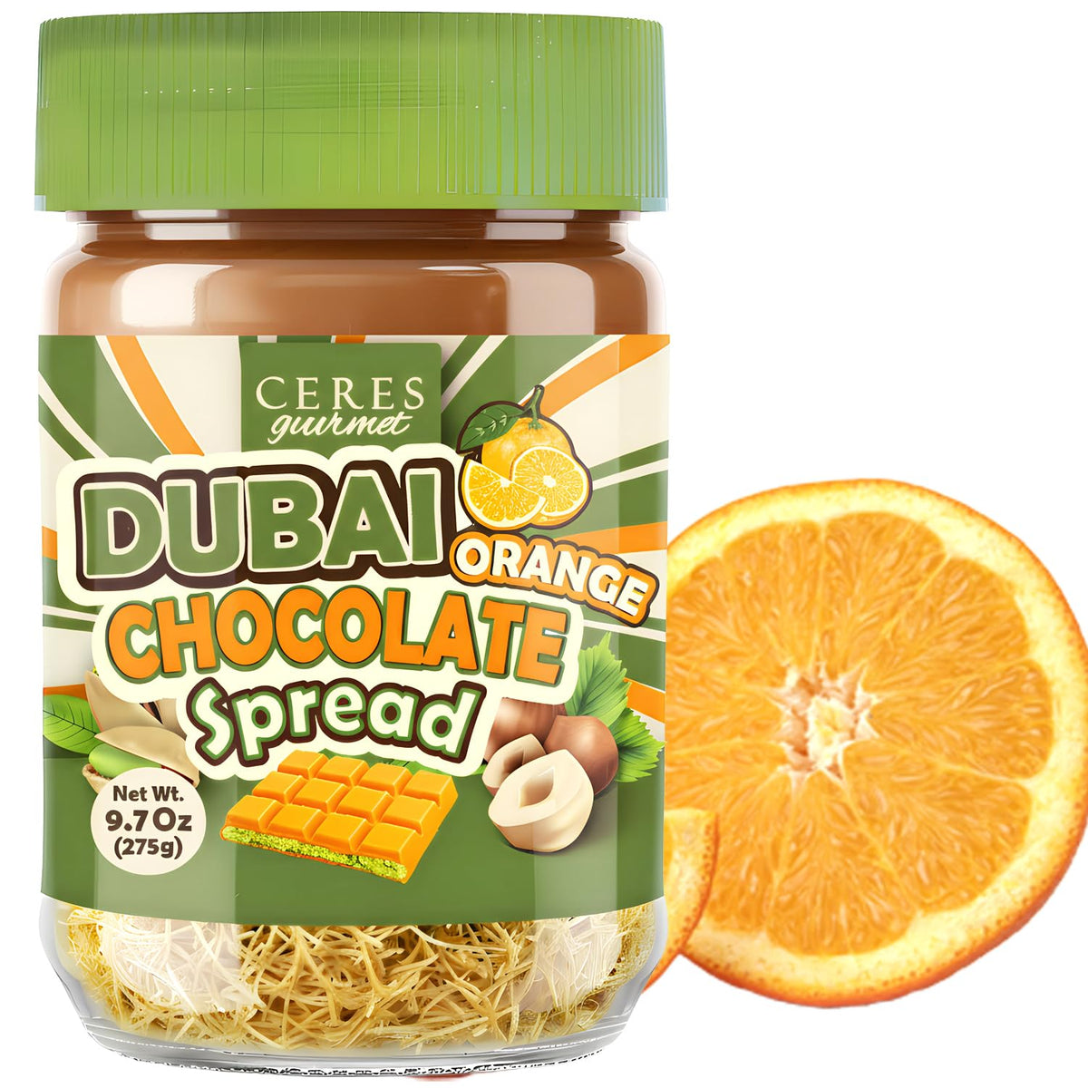 Dubai Spreadable Chocolate with Freeze-Dried Orange - Premium Pistachio Spread with Roasted Phyllo - Gourmet Breakfast Chocolate (9.7 oz / 275g Jar)