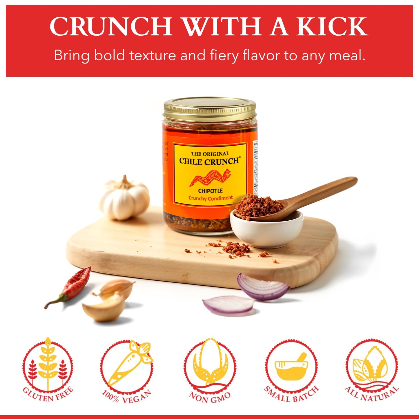 CHILE CRUNCH - Chipotle Spicy Crunchy Condiment - All Natural Roasted Chili Peppers, Garlic & Onion Crisp Sauce - Vegan, Gluten-Free, No Preservatives