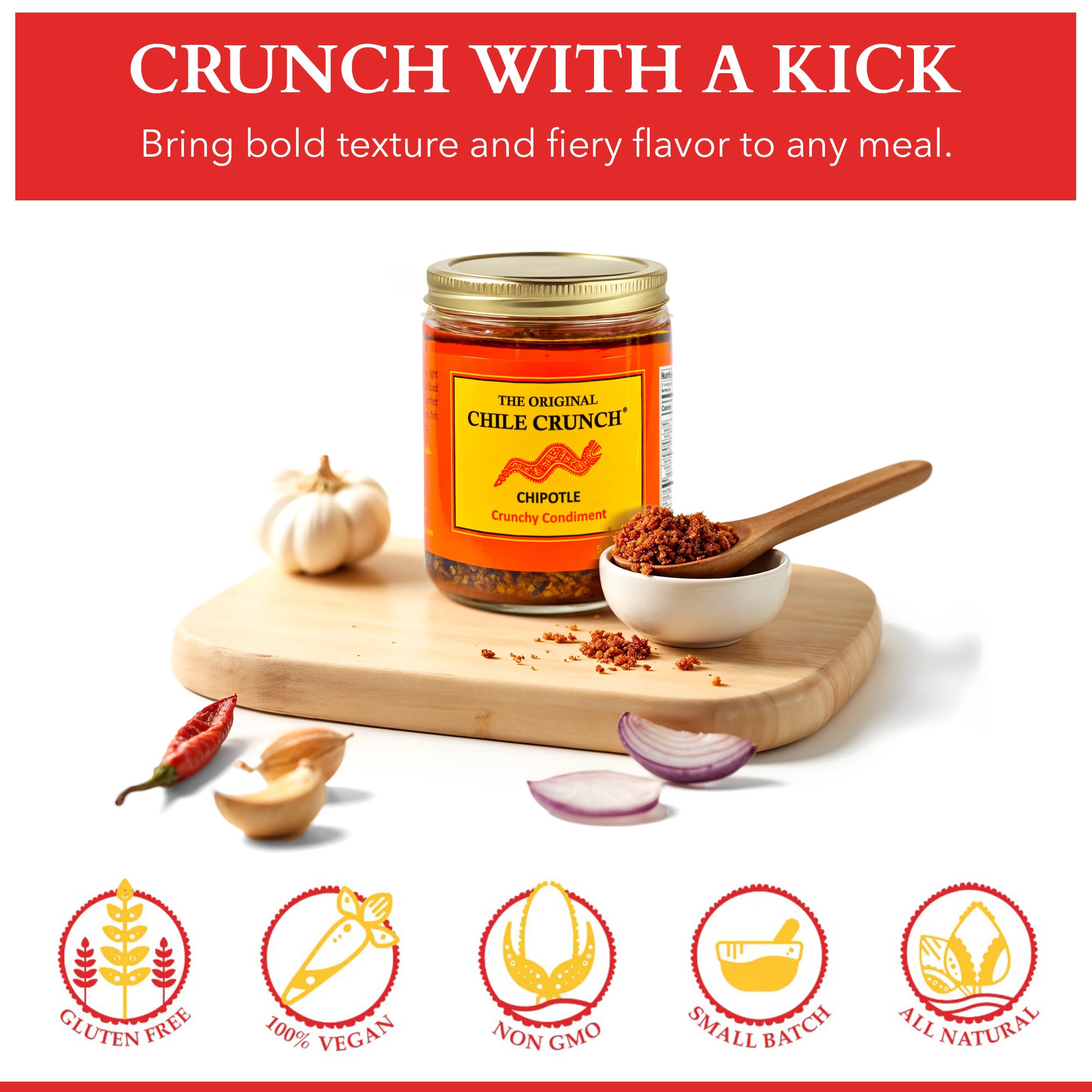 CHILE CRUNCH - Chipotle Spicy Crunchy Condiment - All Natural Roasted Chili Peppers, Garlic & Onion Crisp Sauce - Vegan, Gluten-Free, No Preservatives