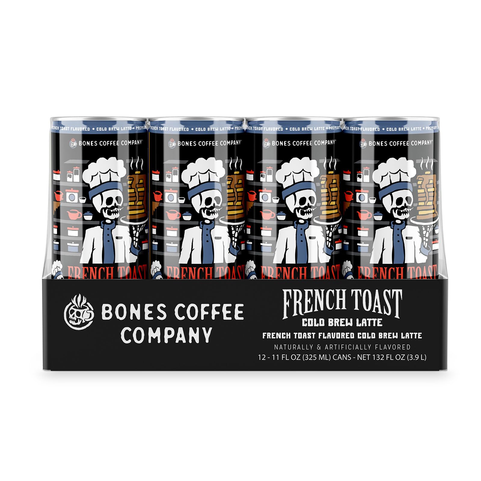 Bones Coffee Company French Toast Latte Sweet and Buttery Flavored Coffee, Medium Roast Ready To Drink Iced Coffee in Can, 11 Fl Oz Can (12 Pack)