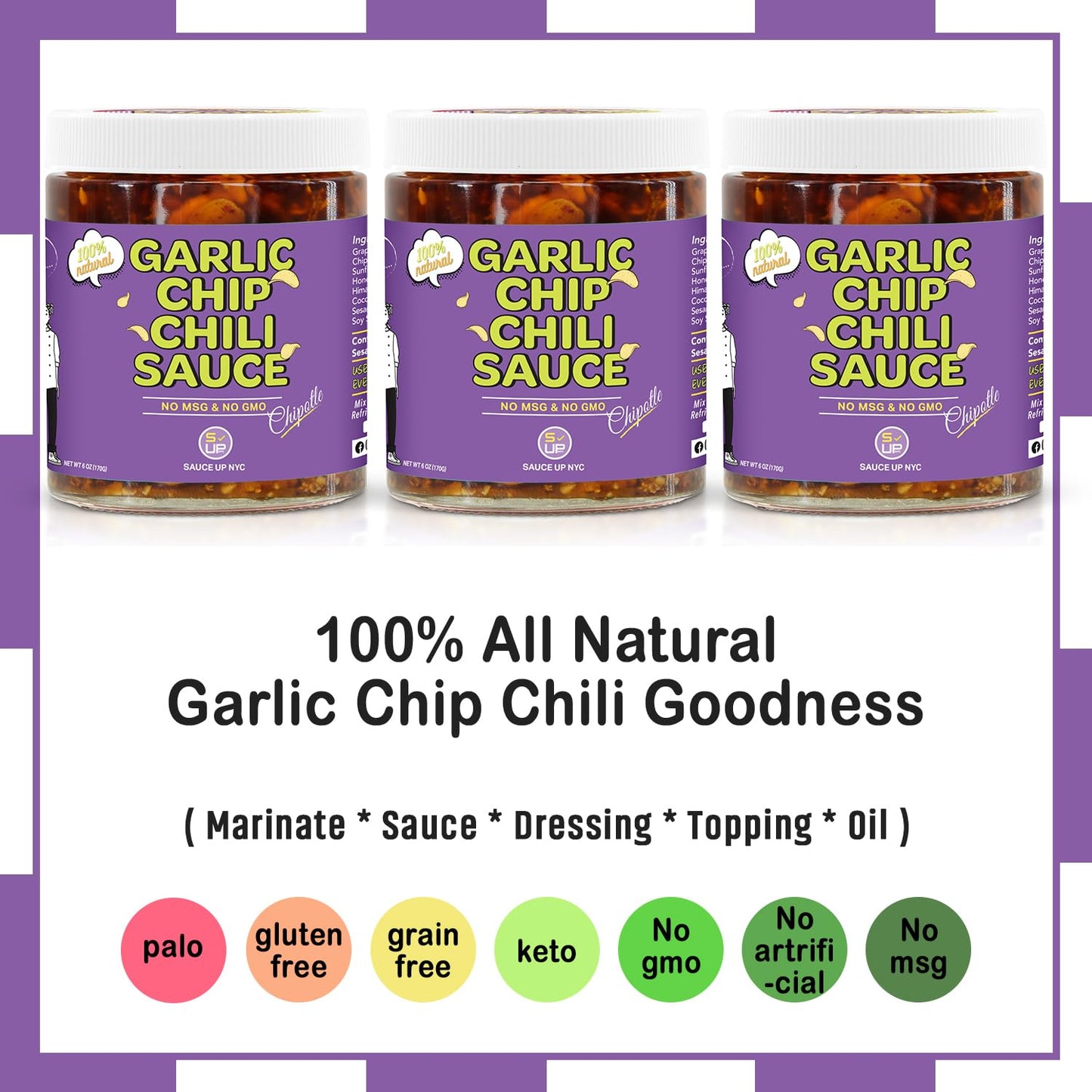SAUCE UP Original Garlic Chip Chili Sauce - 3 Pack (6oz) | Super Crunchy, Savory & Garlicky | Premium Chef-Curated, Plant-Based, Gluten-Free, Non-GMO