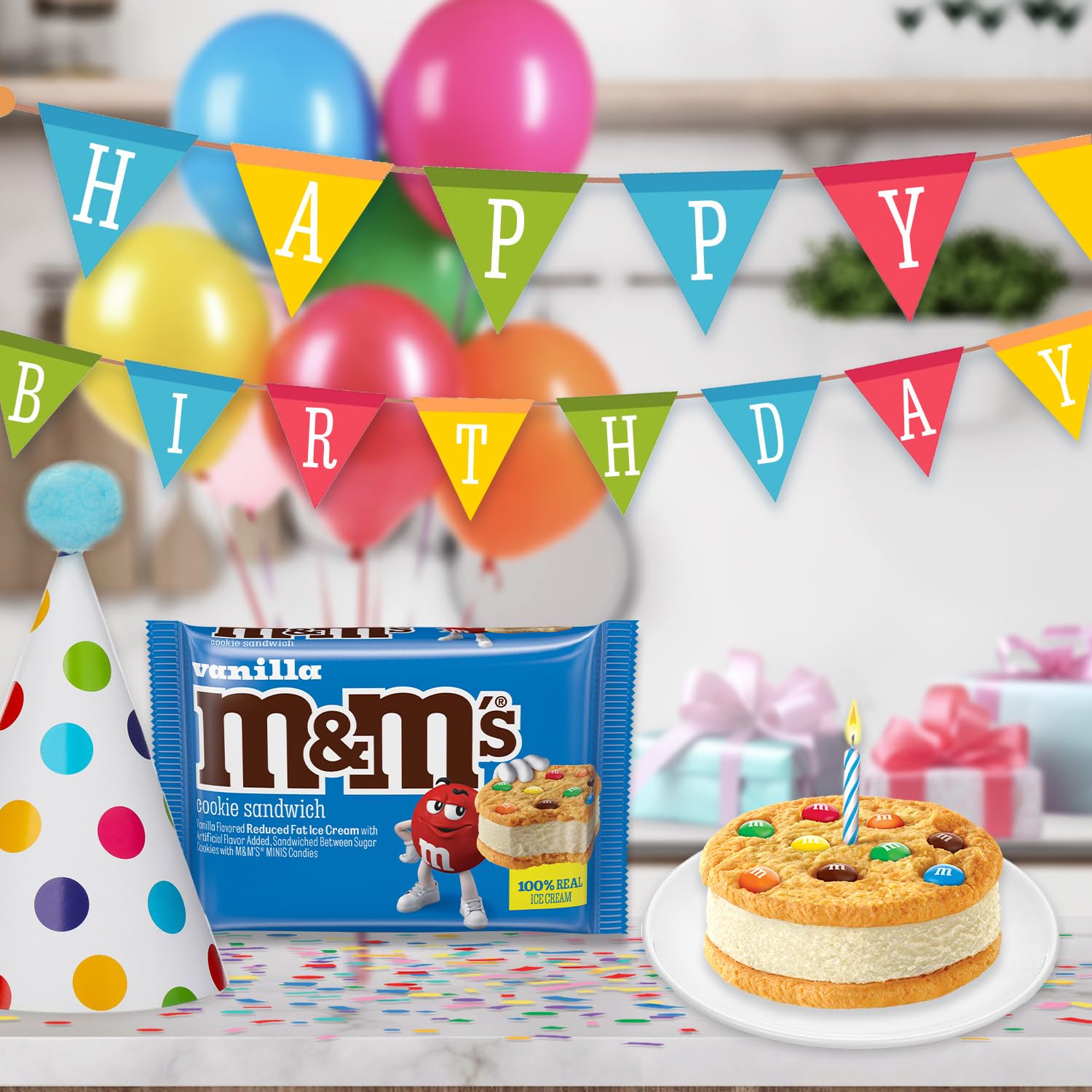 M&M'S Vanilla Ice Cream Cookie Sandwiches, Reduced Fat Vanilla Ice Cream Dessert Cookie Sandwich, 4 Pack, 4 Oz