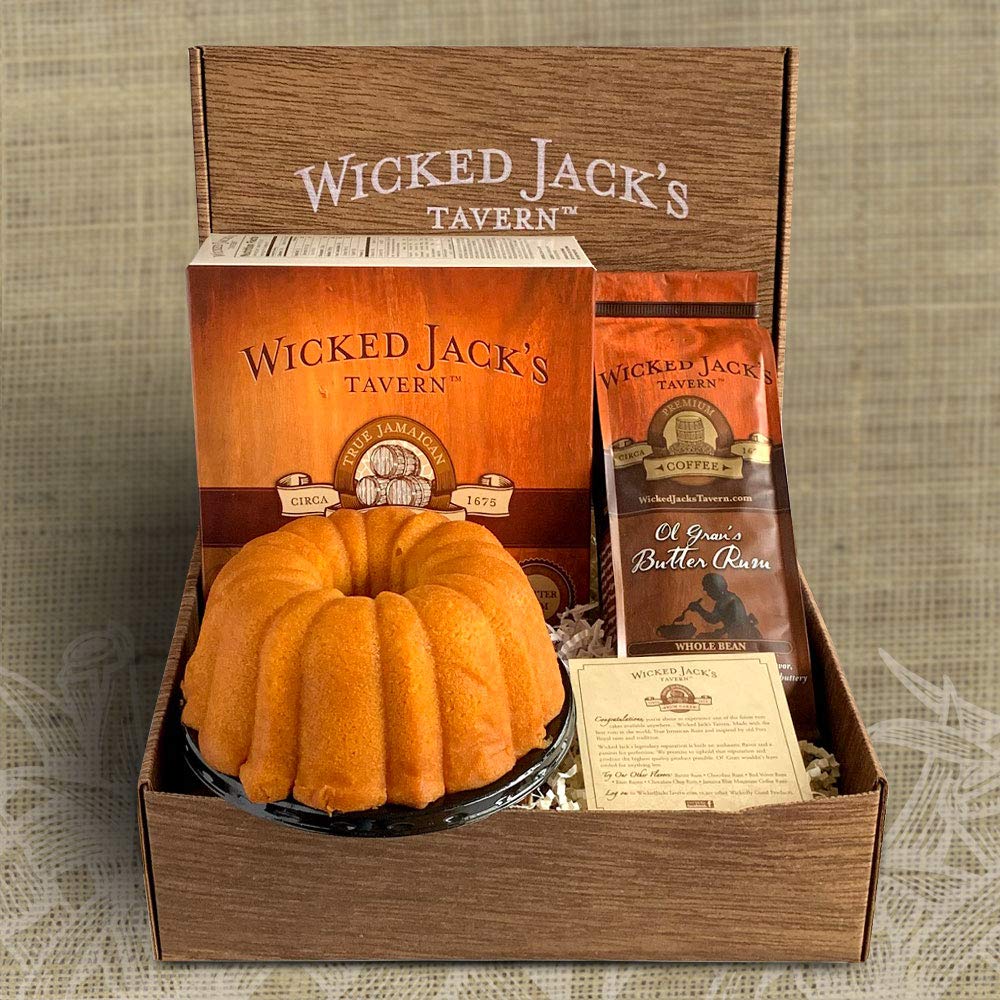 Wicked Jack's Tavern Captain's Stash Holiday Gift Box - 20-Ounce Rum Cake & 12-Ounce Gourmet Coffee, Perfect for Thanksgiving, Christmas, or