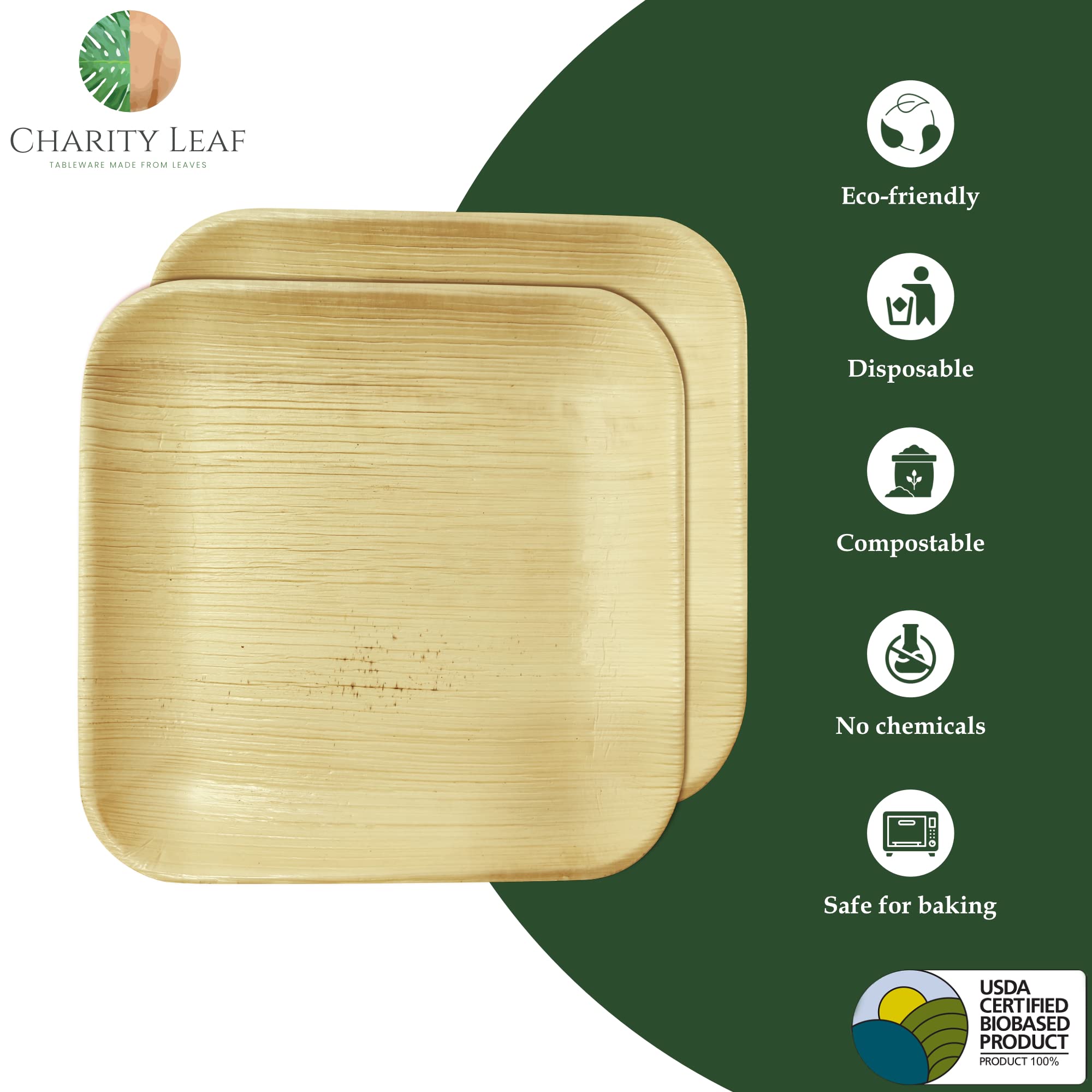 Charity Leaf 8" Square Palm Leaf Plates (50-pack) | Eco-friendly, Heavy Duty | For Parties, Weddings, BBQs & Catering