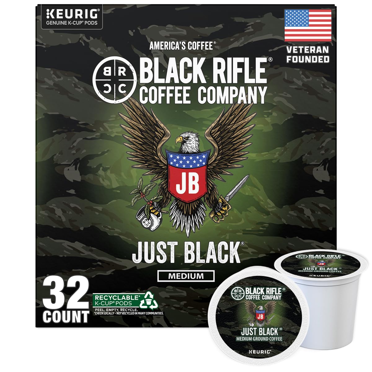 Black Rifle Coffee Company Just Black, 32 Count, Medium Roast K Cups - Single Serve K Cups Coffee Pods - Kcup Pods Compatible with Keurig 1.0 & 2.0