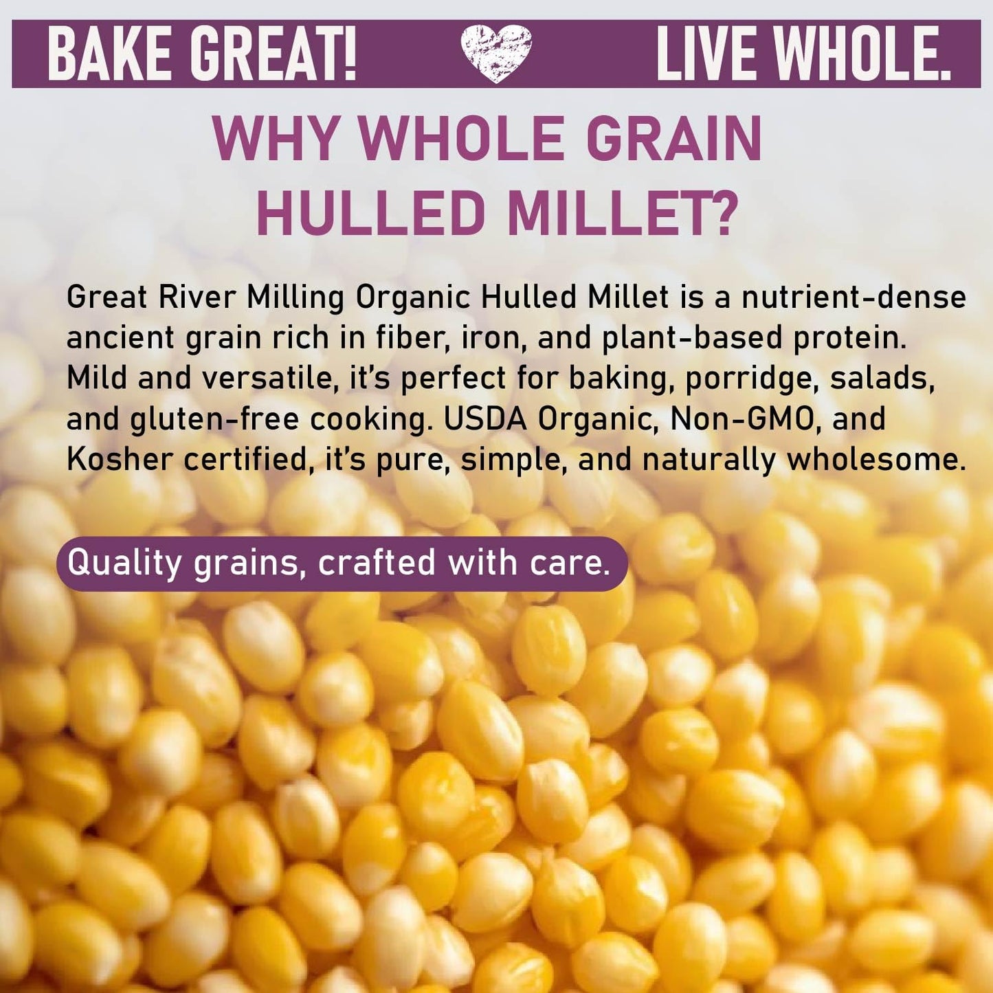 Great River Milling Organic Hulled Millet | Whole Grain Ancient Grain | Gluten-Free, High-Fiber Superfood | Non-GMO, Kosher Certified | Ideal for Salads, Porridge & Baking | 5 Lb