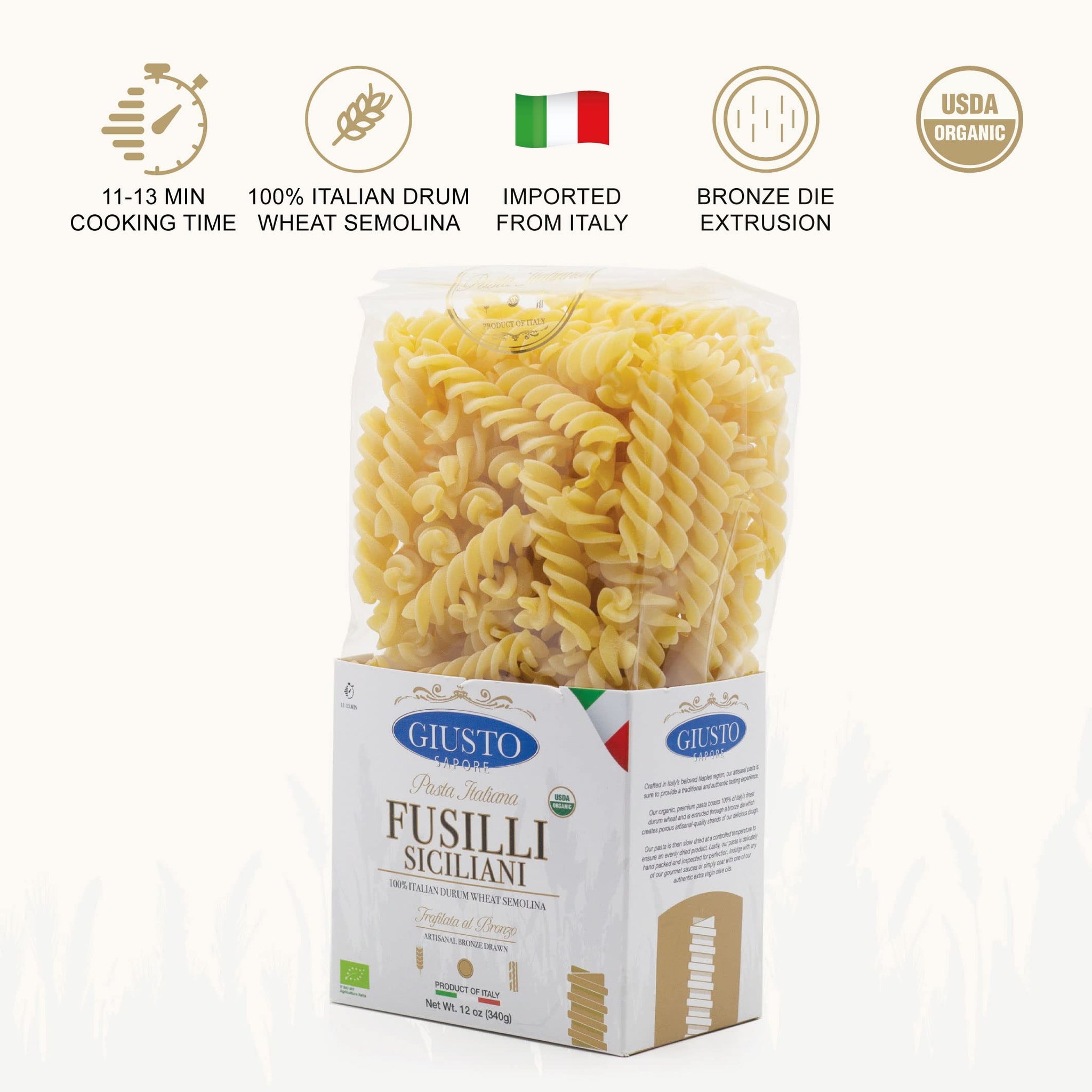 Giusto Sapore Imported Artisanal Fusilli Siciliani Italian Pasta, Organic Bronze Drawn, 340G (12 oz)