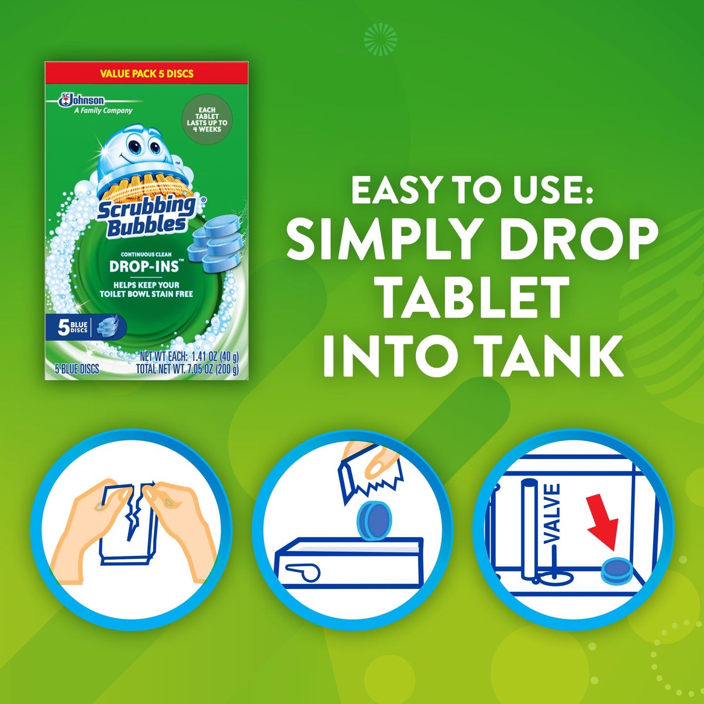 Scrubbing Bubbles Continuous Clean Toilet Drop-Ins, Automatic Blue Toilet Bowl Cleaner, Septic-Safe Tank Tablets Remove Hard Water Minerals