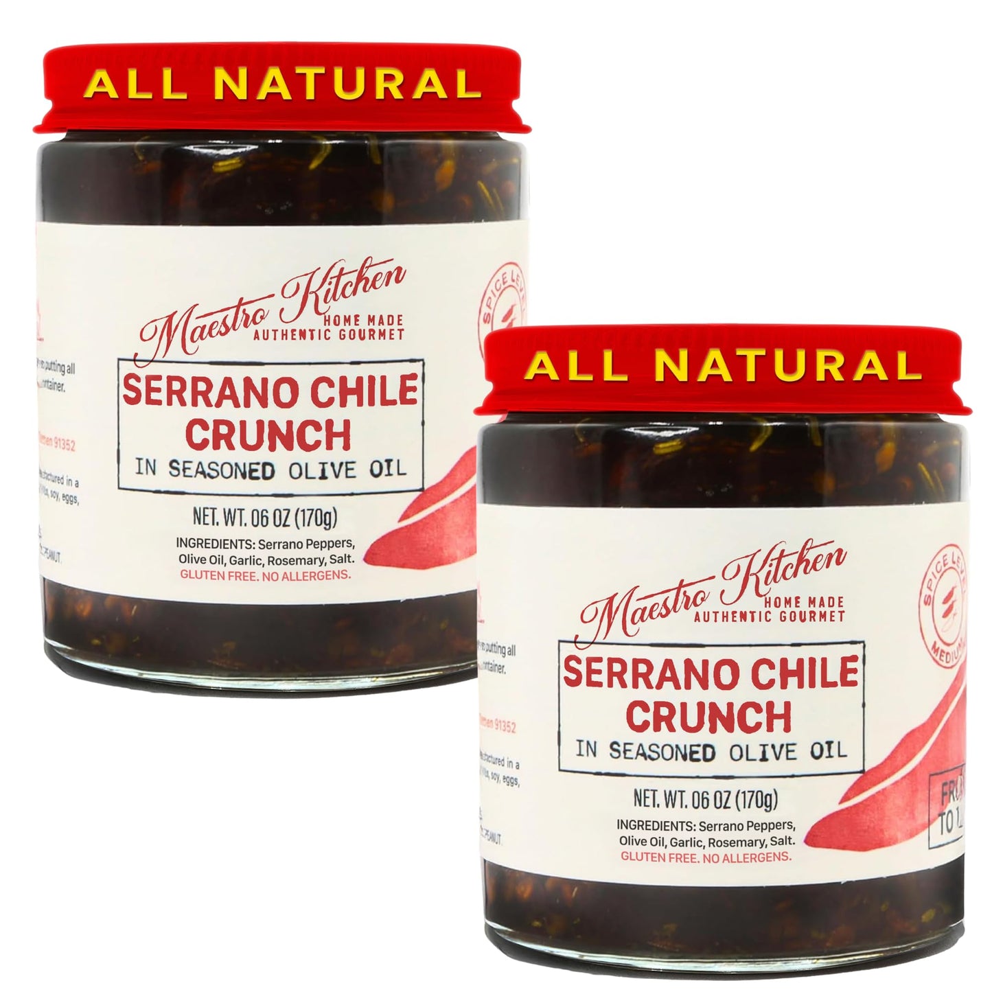 MAESTRO KITCHEN Spicy Serrano Chile Crunch | Mexican Chili Crisp in Olive Oil 6oz 2 Pack | All Natural Chili Oil Hot Sauce w/ 100% Olive Oil, Garlic