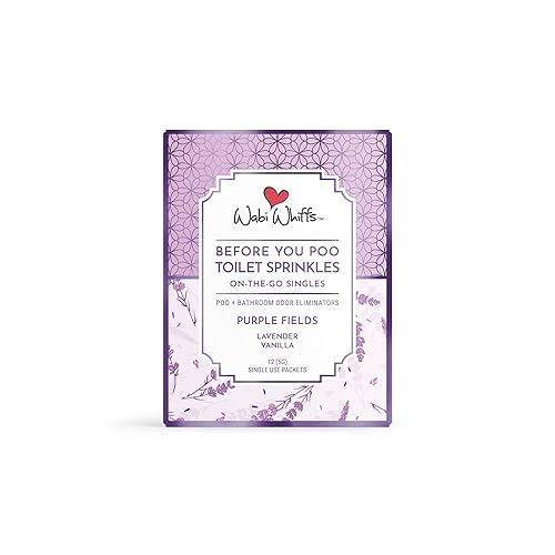 Wabi Whiffs On-the-Go Toilet Sprinkles Singles - Purple Fields (12 Count) | Natural Bathroom Deodorizer | Odor Eliminator Packets for Freshness