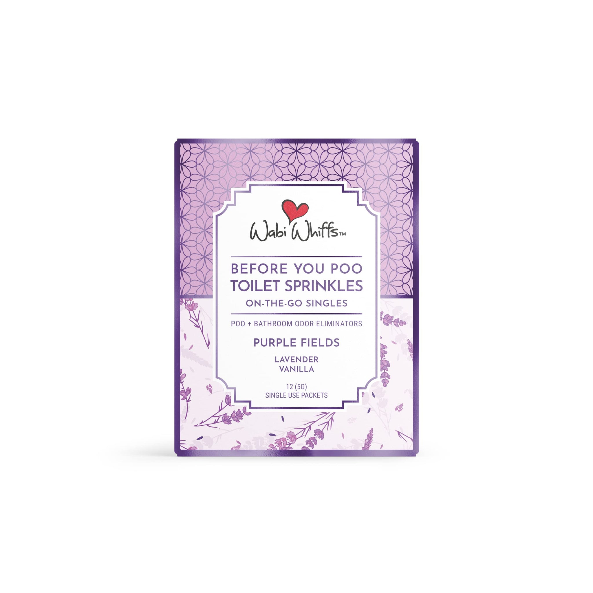 Wabi Whiffs On-the-Go Toilet Sprinkles Singles - Purple Fields (12 Count) | Natural Bathroom Deodorizer | Odor Eliminator Packets for Freshness