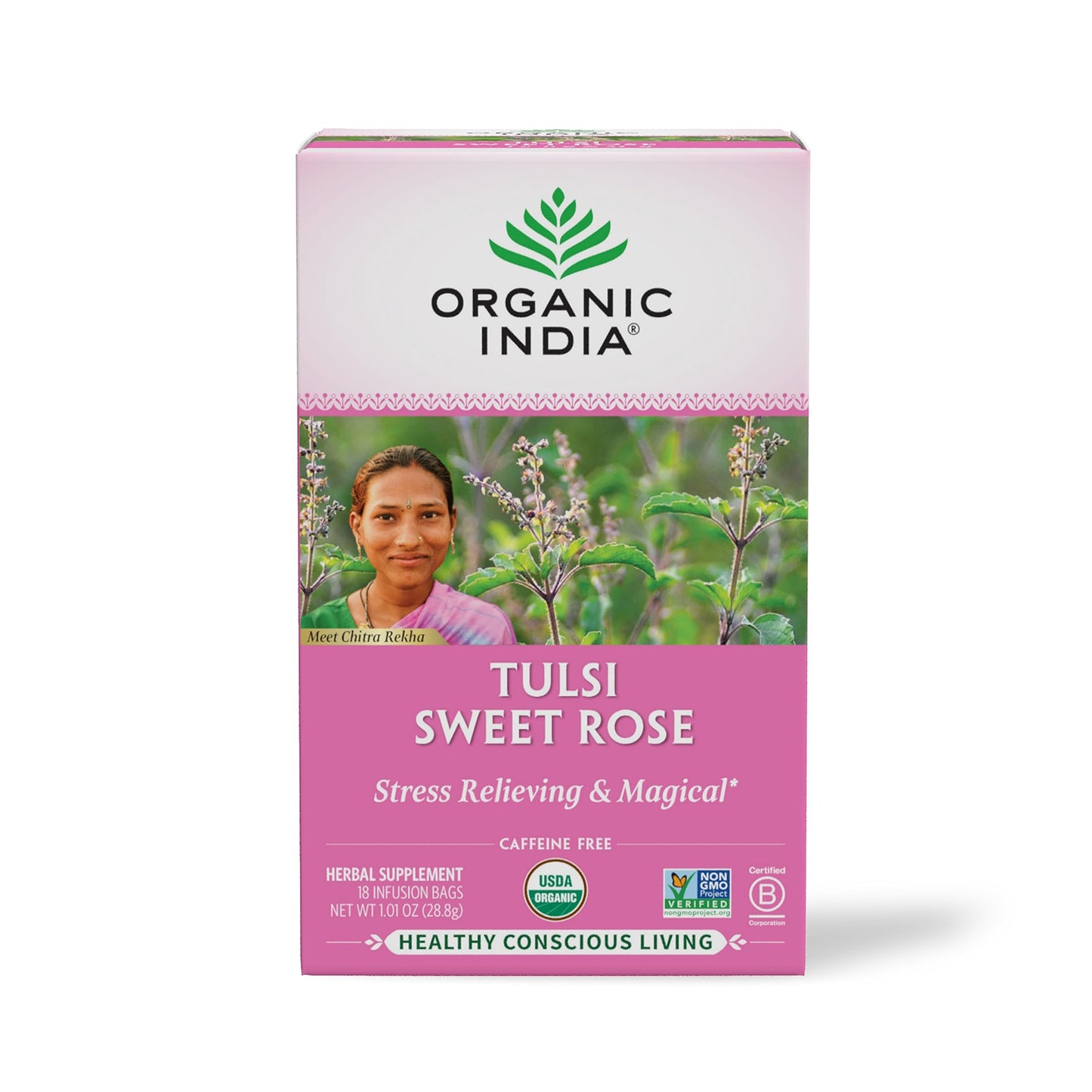 Organic India Tulsi Sweet Rose Herbal Tea - Holy Basil, Stress Relieving & Magical, Immune Support, Adaptogen, Vegan, USDA Certified Organic, Non-GMO