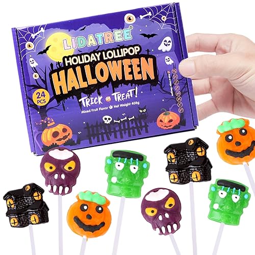 Halloween Lollipop Suckers Individually Wrapped Bulk - Spooky Candy Lollipops - Pumpkin, Green Monster, Zombie, Haunted House Candies for Kids