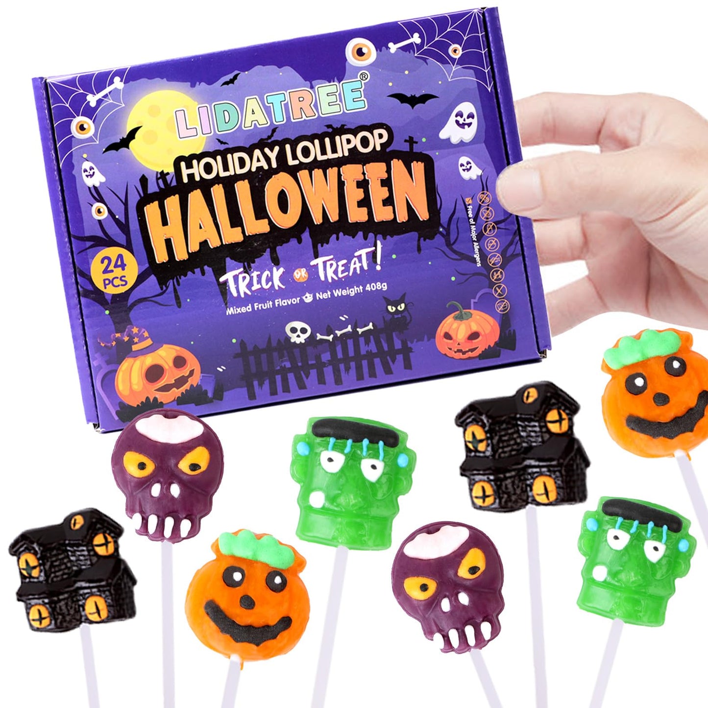 Halloween Lollipop Suckers Individually Wrapped Bulk - Spooky Candy Lollipops - Pumpkin, Green Monster, Zombie, Haunted House Candies for Kids