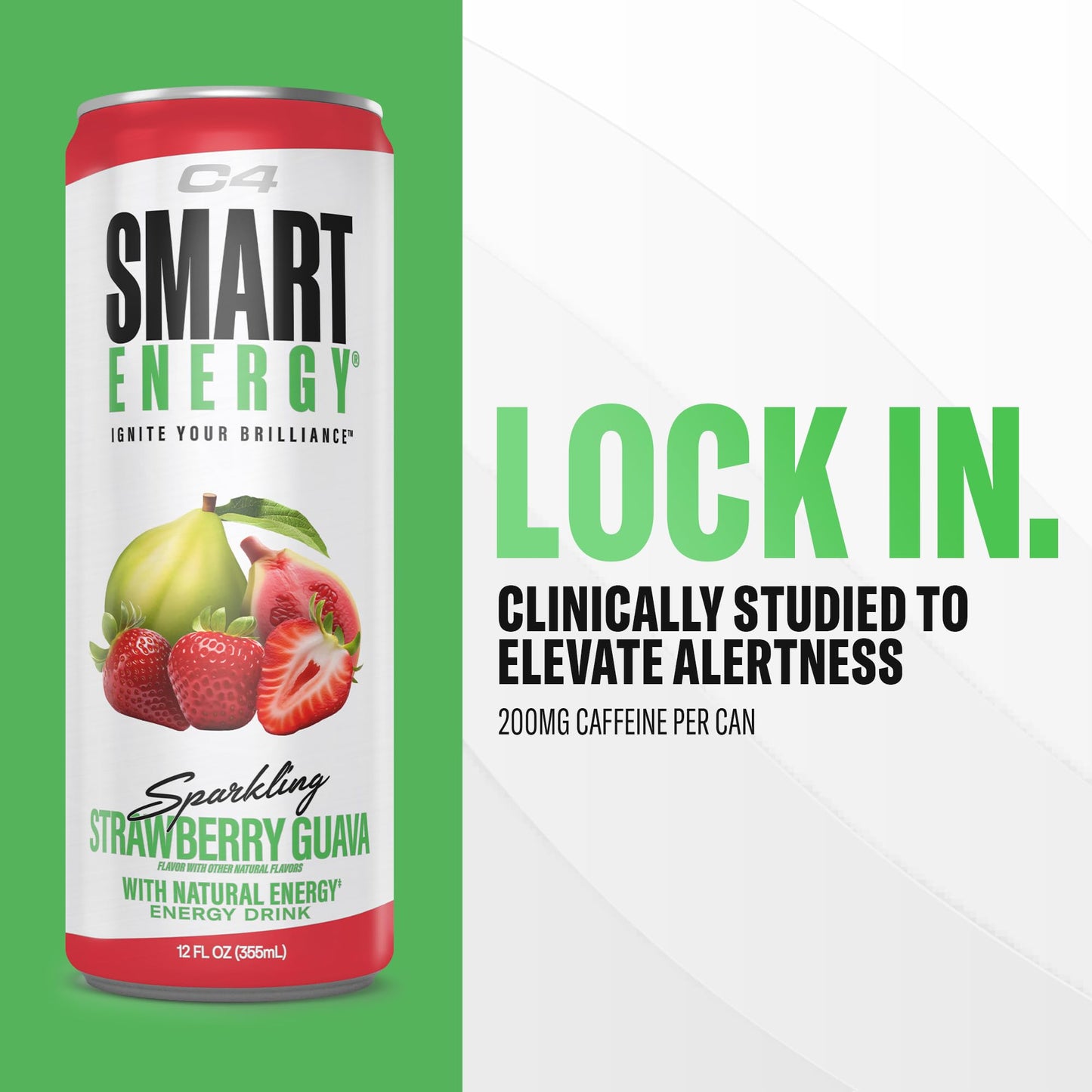 C4 Smart Energy Drink - Sugar Free Performance Fuel & Nootropic Brain Booster, Coffee Substitute or Alternative | Strawberry Guava 12 Oz - 12 Pack