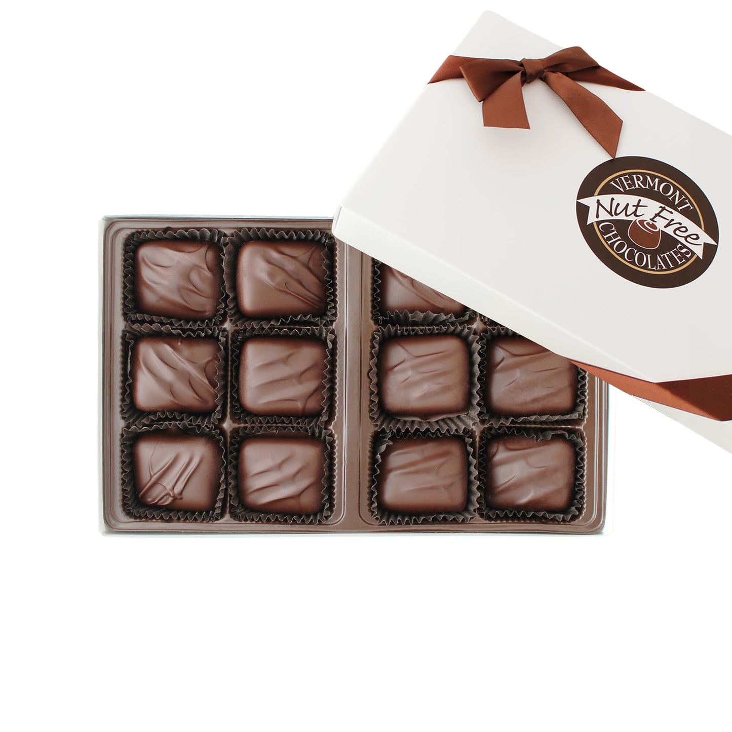 Vermont Nut Free Chocolates Boxed Chocolate Caramels (Dark Chocolate) 12-Piece, Nut-Free, Egg-Free, Kosher