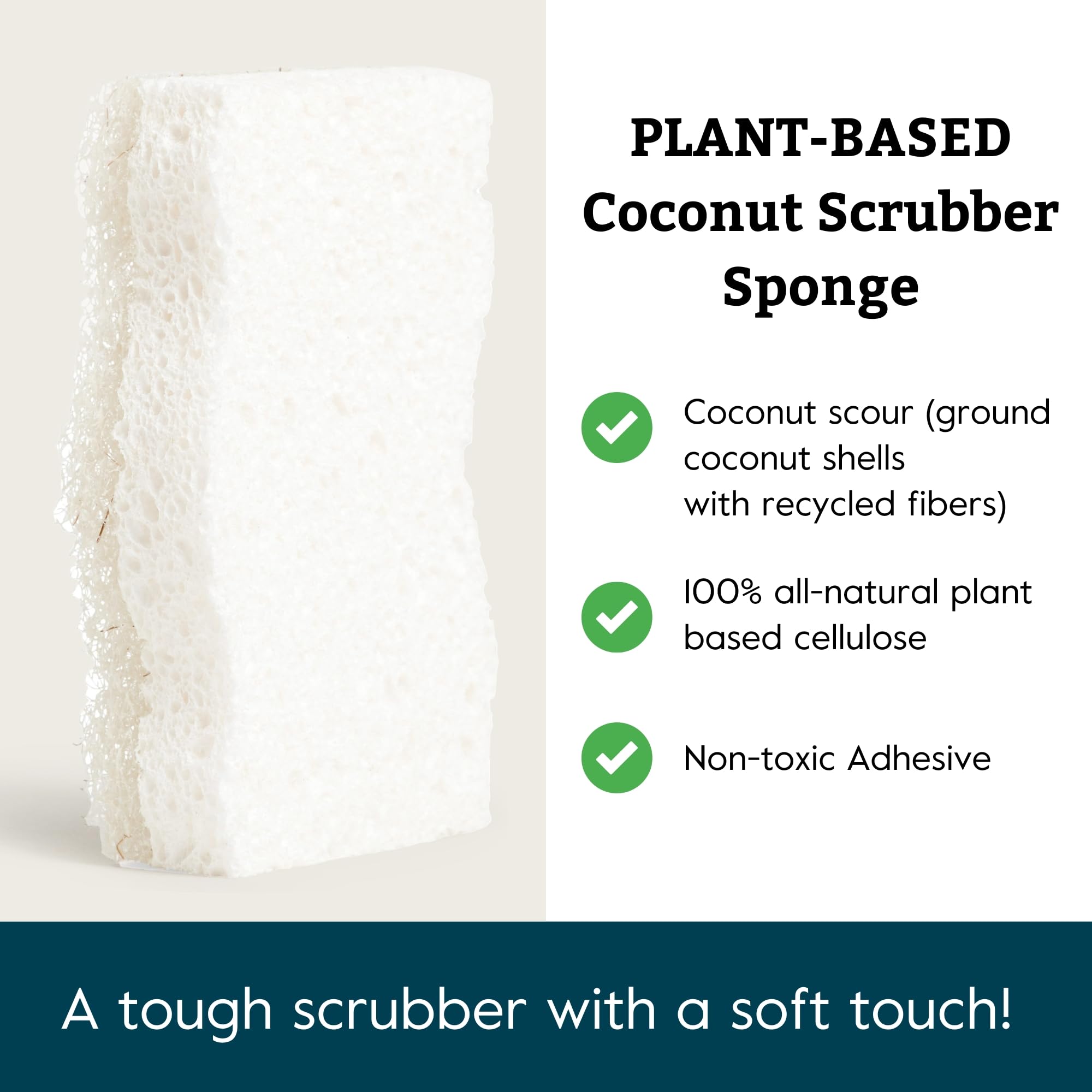 Grove Co. Sponges, Natural Coconut Scrubber Kitchen Sponge, Dual-Sided, Non-Scratch, Super Absorbent Plant-Based Cellulose with Coconut Husk Scourer