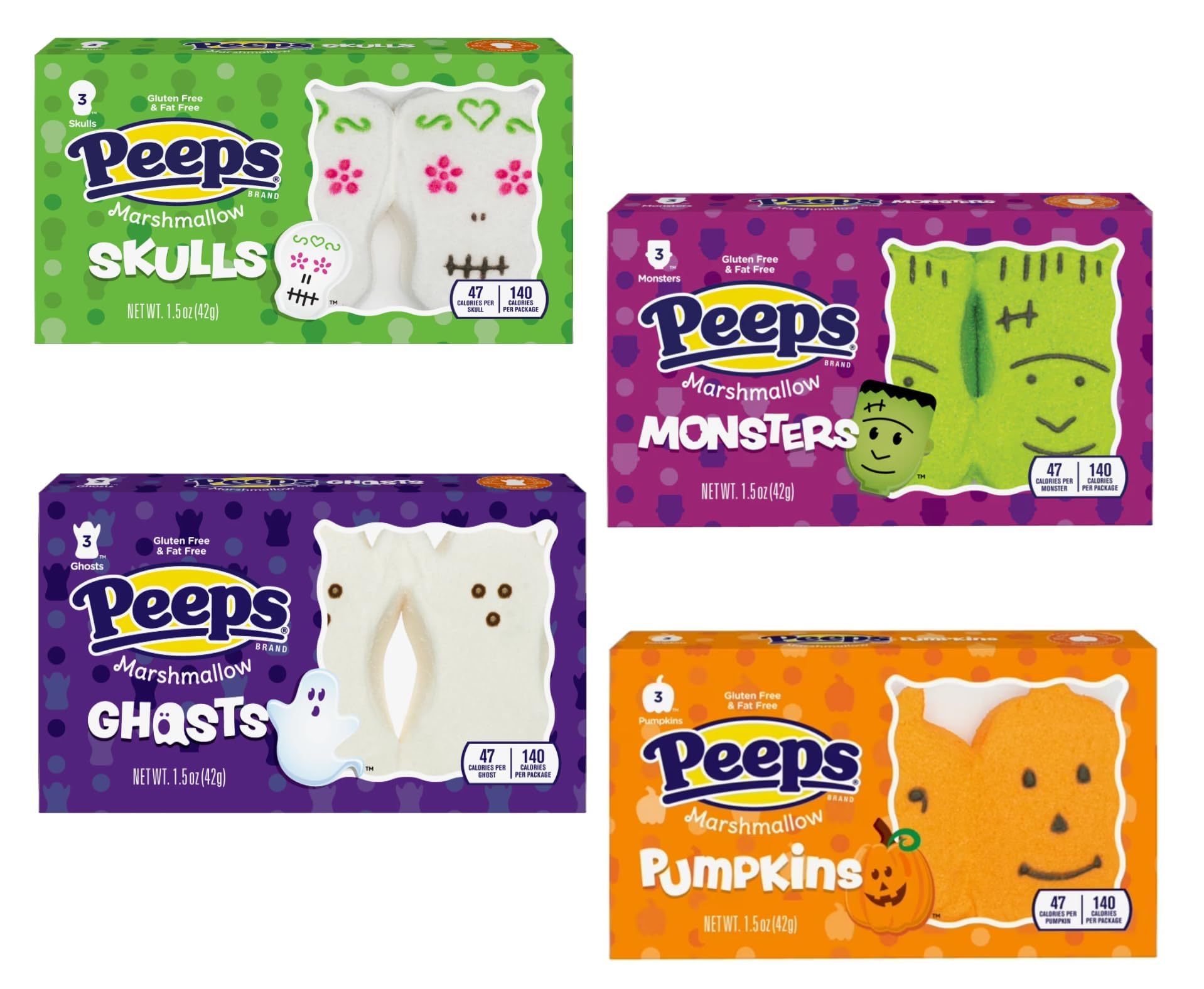 Peeps Halloween Peep Variety Pack of Marshmallows, Delicious Classic Treats with One Packet Each, Skulls, Pumpkins, Monsters and Ghosts (Pack of 4)