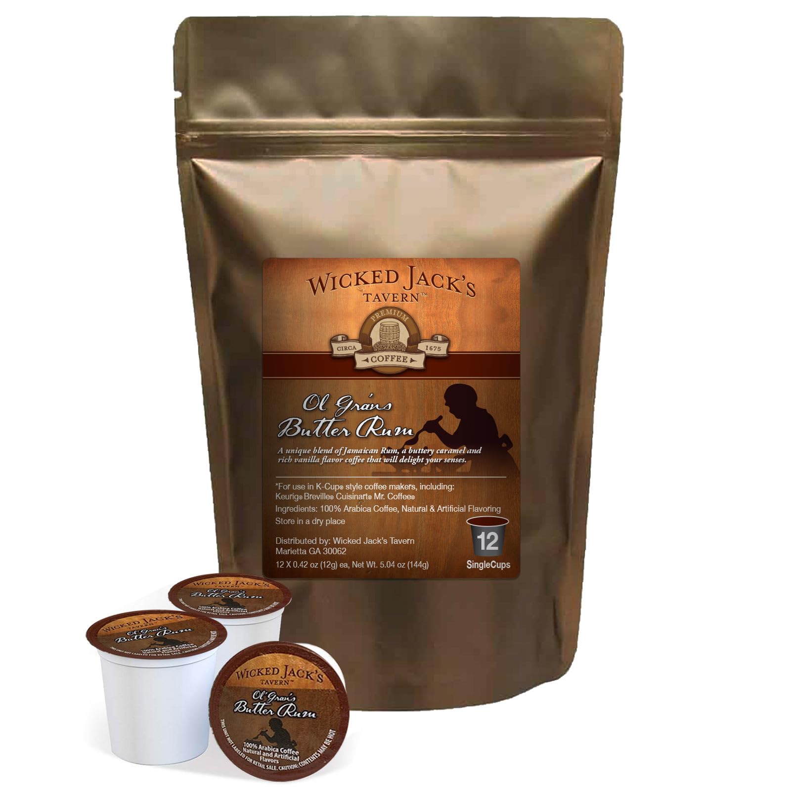 Wicked Jack's Coffee Ol'Gran Butter Rum, Single-Serve Pods 12 ct Medium Roast