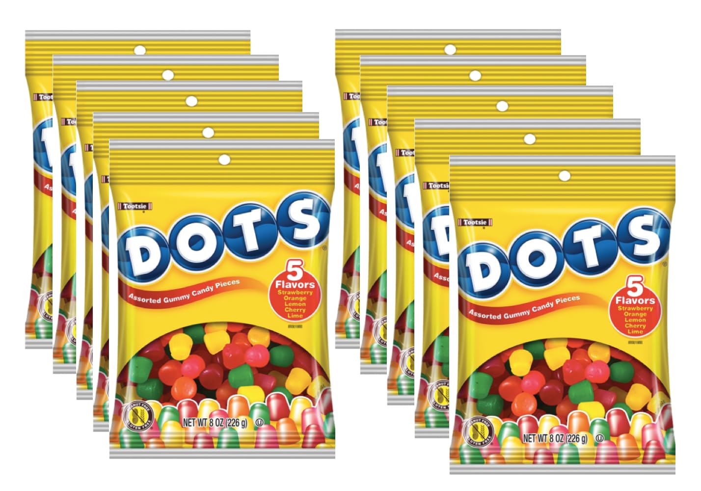 BoostBox Tootsie Dot's Gummy Candy 8 oz Peg Bag 10-Pack (5 Pounds)