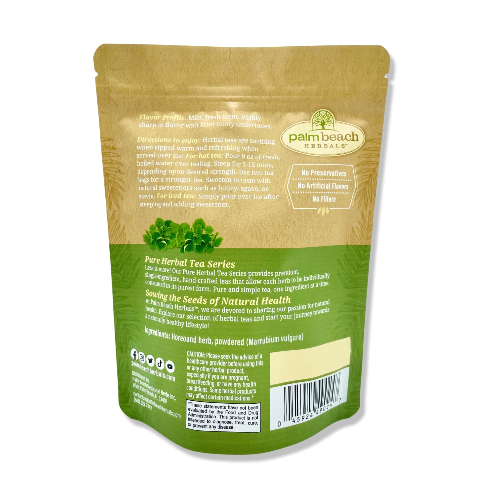 Palm Beach Medicinal Herbs Horehound Tea - Horehound Herb for Respiratory Comfort & Digestive Wellness - Caffeine Free - Sugar Free - 30 Herbal Tea