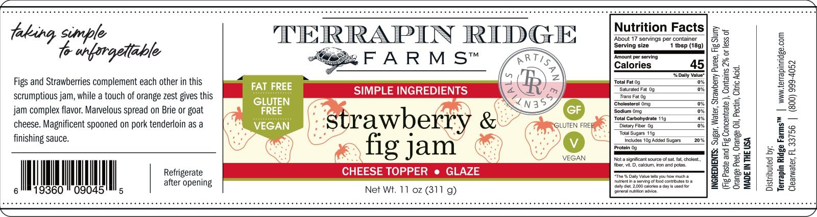 Terrapin Ridge Farms Gourmet Strawberry and Fig Jam - Sweet & Zesty Jam for Cheese, Pork, and More - Gluten Free, Vegan - 11 oz jar