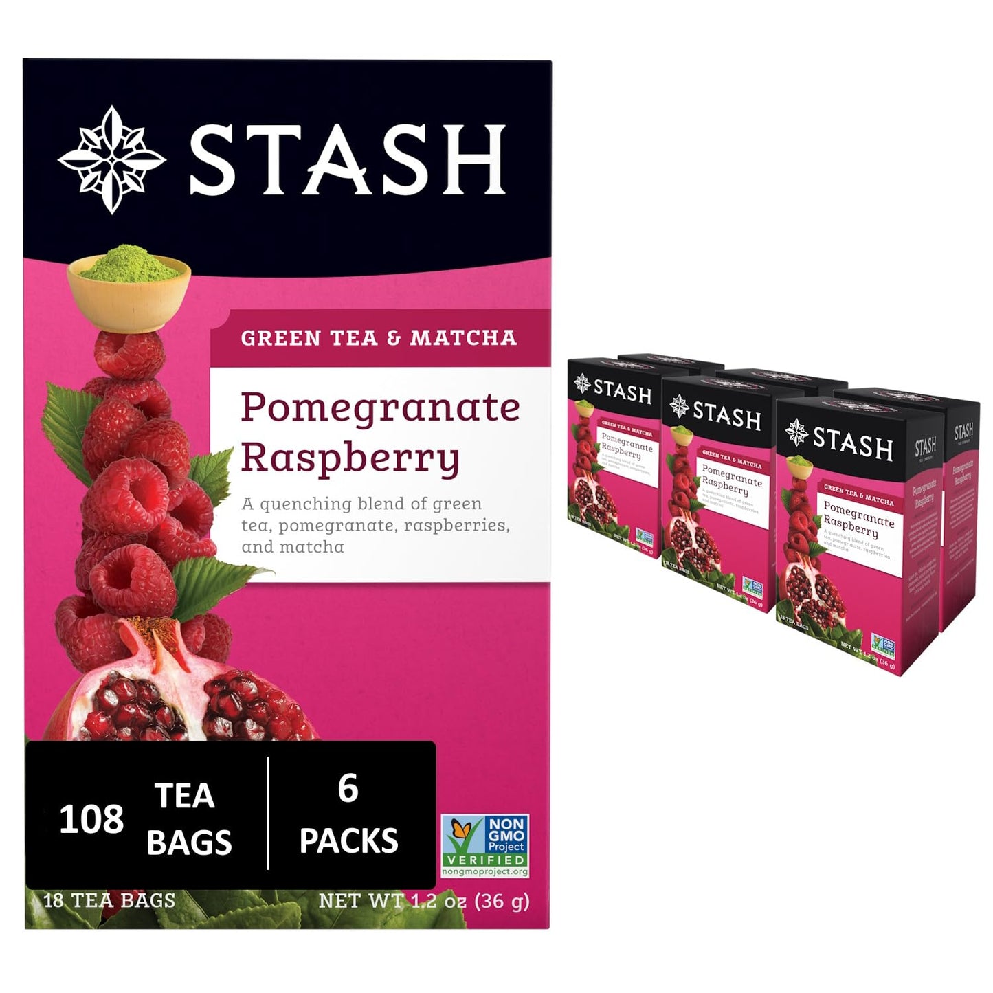 Stash Tea Pomegranate Raspberry & Matcha Green Tea - Caffeinated, Non-GMO Project Verified Premium Tea with No Artificial Ingredients, 18 Count (Pack