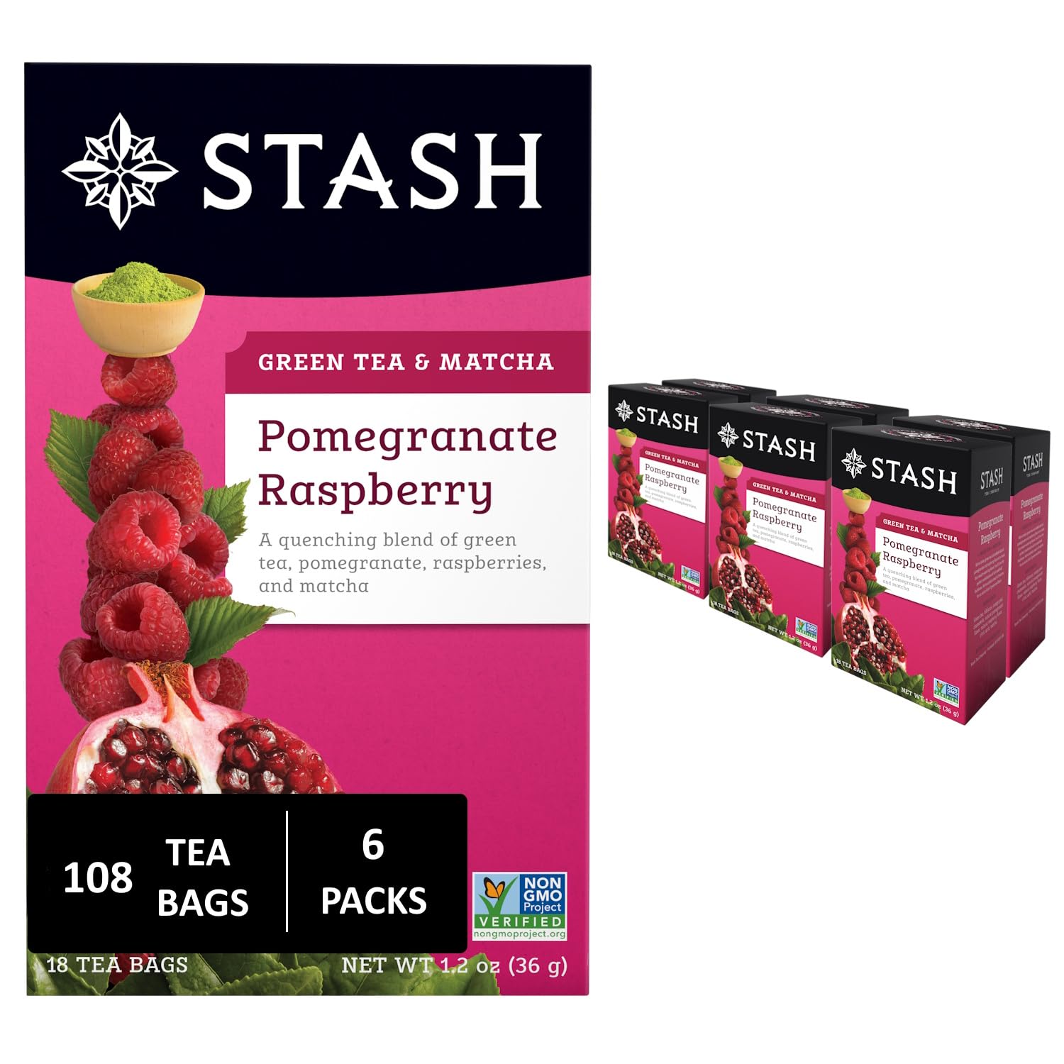 Stash Tea Pomegranate Raspberry & Matcha Green Tea - Caffeinated, Non-GMO Project Verified Premium Tea with No Artificial Ingredients, 18 Count (Pack