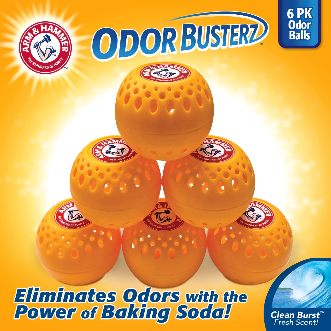 Arm & Hammer OdorBusterz® Odor Eliminator Balls, Clean Burst, 6 Count - Baking Soda Odor Control for Closets, Drawers, Hampers & Small Spaces