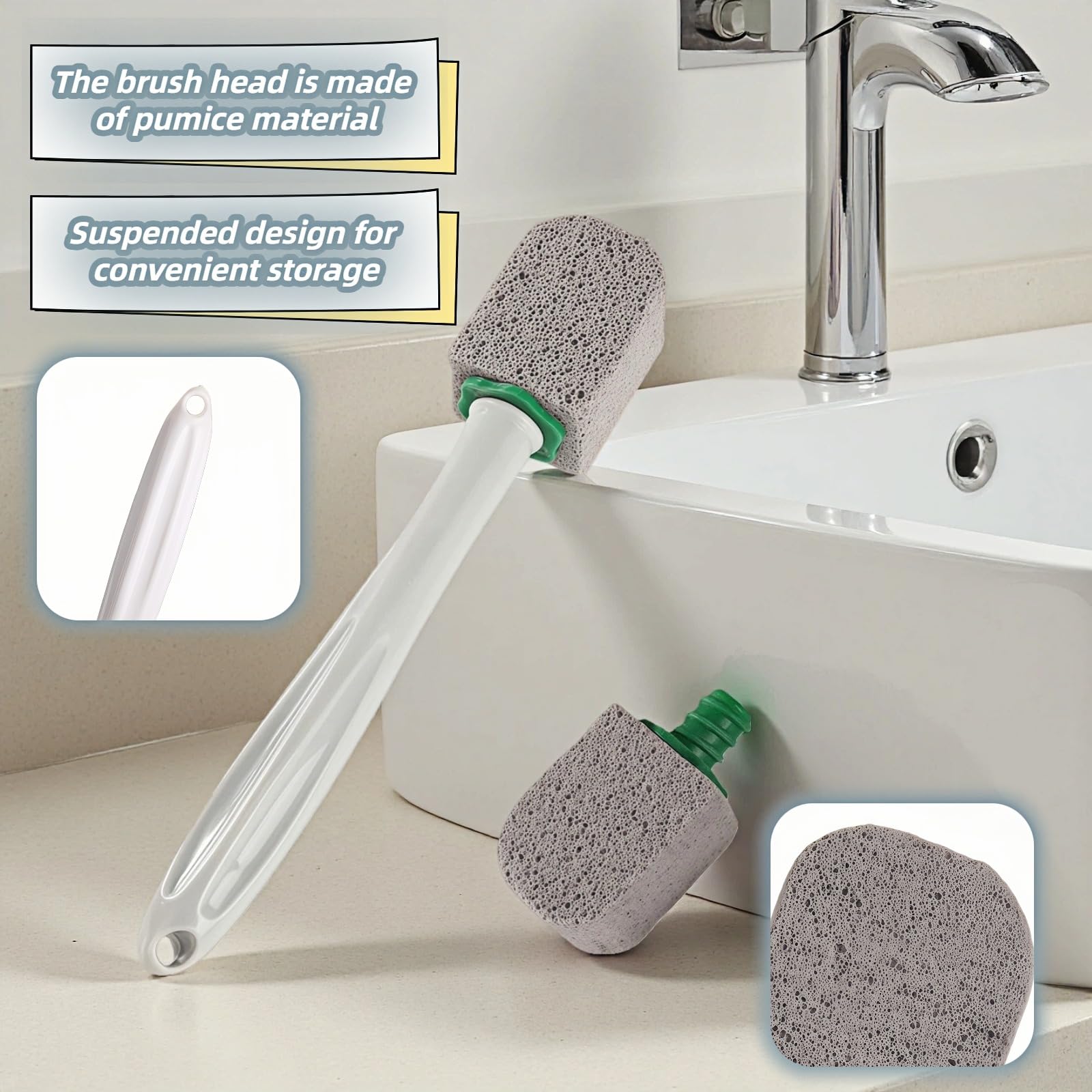 Pumice Toilet Brush Scrubber with 9.5” Handle - 1 Scrubber + 4 Pumice Stones - Remove Hard Water Stains, Rust & Lime from Toilet, Tub, Tile, Grill