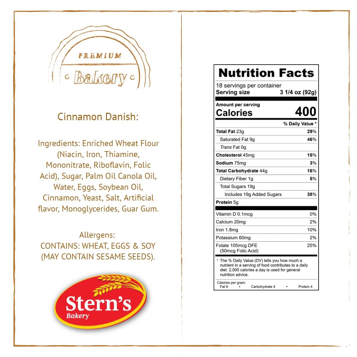 Stern’s Bakery Cinnamon Danish | 3 Oz Breakfast Danish Pastries | Vending Machine Snacks | 18 Individually Wrapped Pastries | Lunchbox Snacks | Dairy