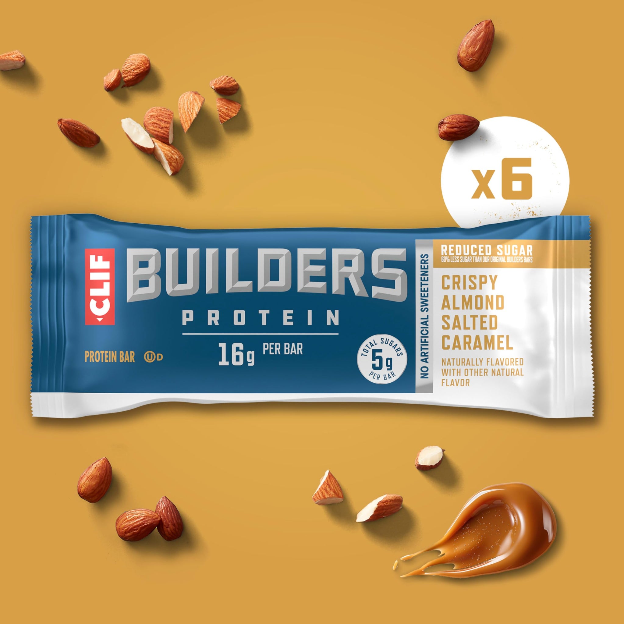 CLIF BUILDERS Protein Bars - Crispy Almond Salted Caramel - Reduced Sugar - Gluten Free - 16g Protein - No Artificial Sweeteners - 1.97 oz. (6 Pack)