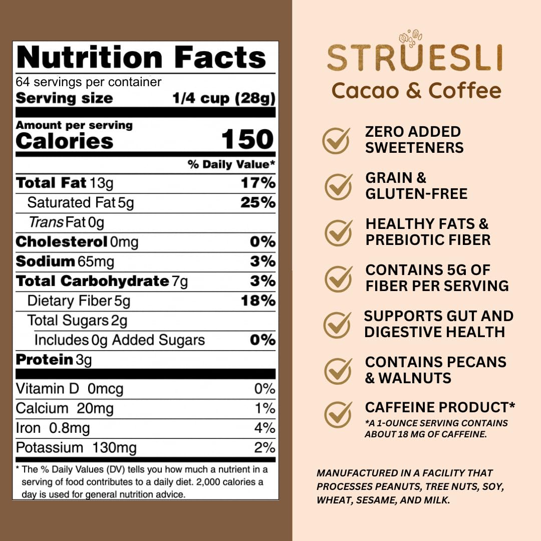 Struesli Cacao & Coffee Organic Granola, Grain & Gluten Free, Healthy Snacks with Cacao, Coffee, Tiger Nuts, Pecans, Walnuts, Hemp Hearts & Coconut