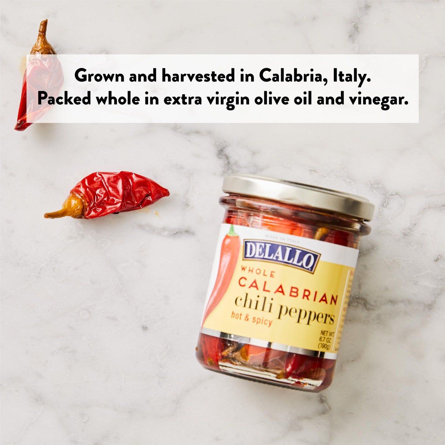 DeLallo Whole Calabrian Chili Peppers, 6.7 oz Jar, (3 Pack), Grown in Italy