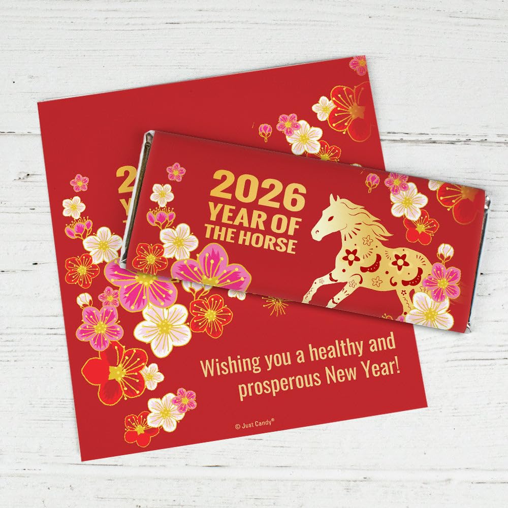 24ct Personalized Chinese New Year Candy Favors Chocolate Bars (24 Pack) 2026 Year of the Horse - Red & Gold