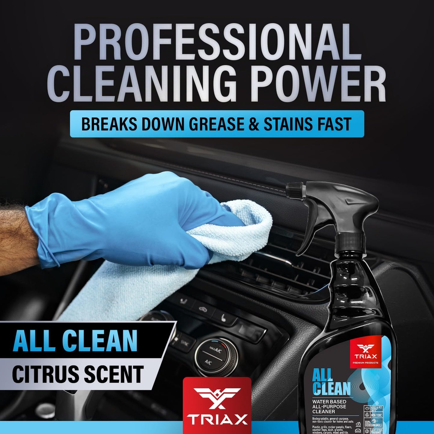 Triax Automotive All Purpose Cleaner, Biodegradable, Non-Toxic, Water-Based | Citrus Scent, Professional Strength, Multi-Surface | All Clean for Car
