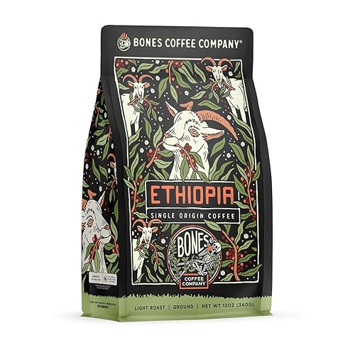 Bones Coffee Company Ethiopia Single-Origin, Citrus, Floral and Berries Notes, Ground Coffee Beans, Low Acid Light Roast Arabica Beans Flavored