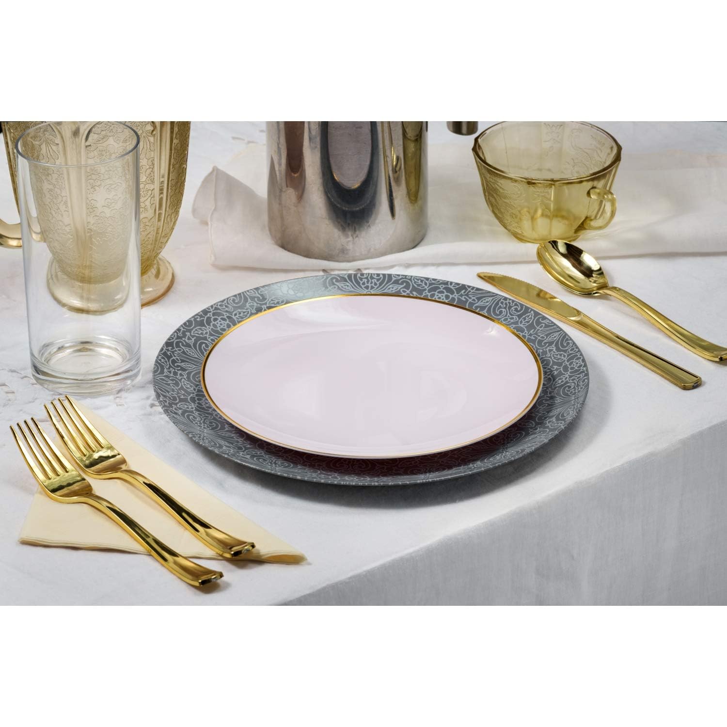 Trendables 140 Pack Disposable Dinnerware & Cutlery Combo Ornamental Design Plates Includes: 20 10.25 in. Large Dinner Plates + 20 8" Dessert Plates
