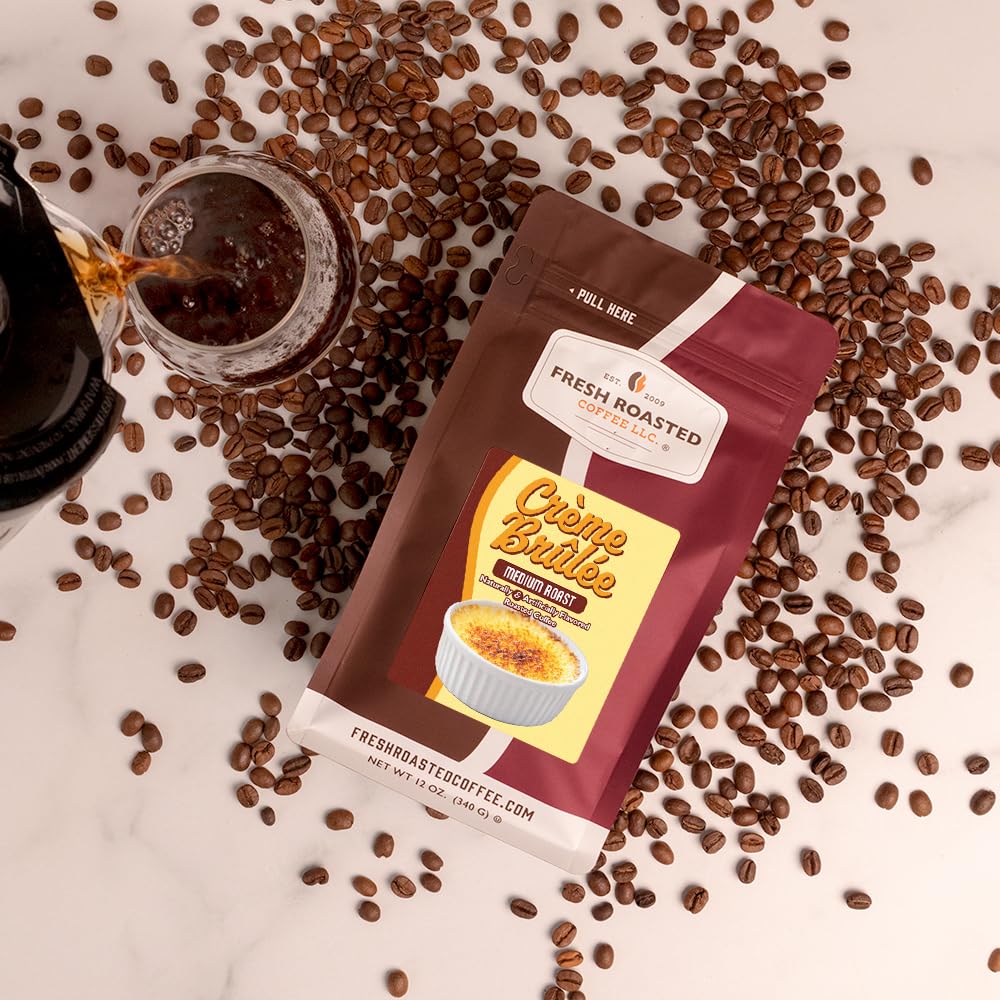 Fresh Roasted Coffee, Crème Brûlée Flavored Whole Bean Coffee, Medium Roast, Kosher, 12 oz